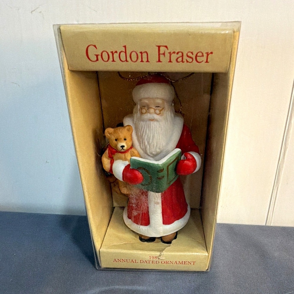 Vintage 1987 Gordon Fraser Schmid Santa Ornament with Teddy Bear & Box Porcelain